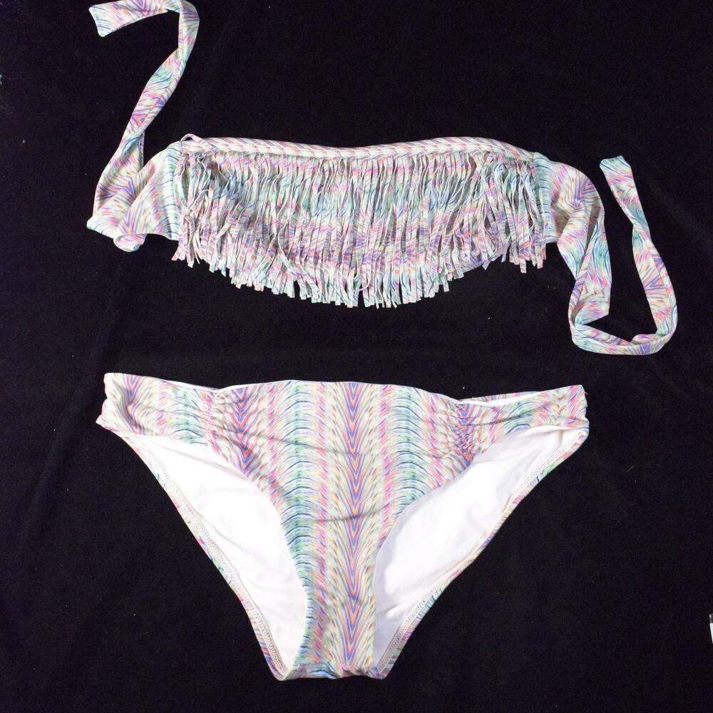 L*Space Rainbow Pink Aqua Ombre Stripe Fringed Bandeau Bikini Sz L Swimsuit